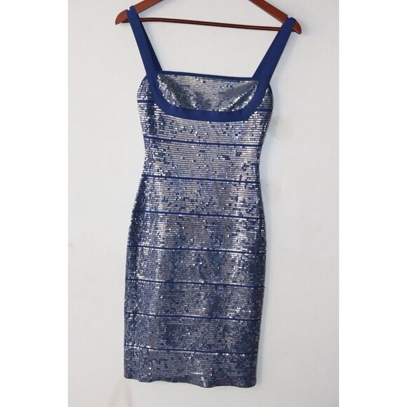 Herve Leger Women's Small Ultramarine Blue Katherine Dress Bodycon Sequin Mini - Picture 4 of 11
